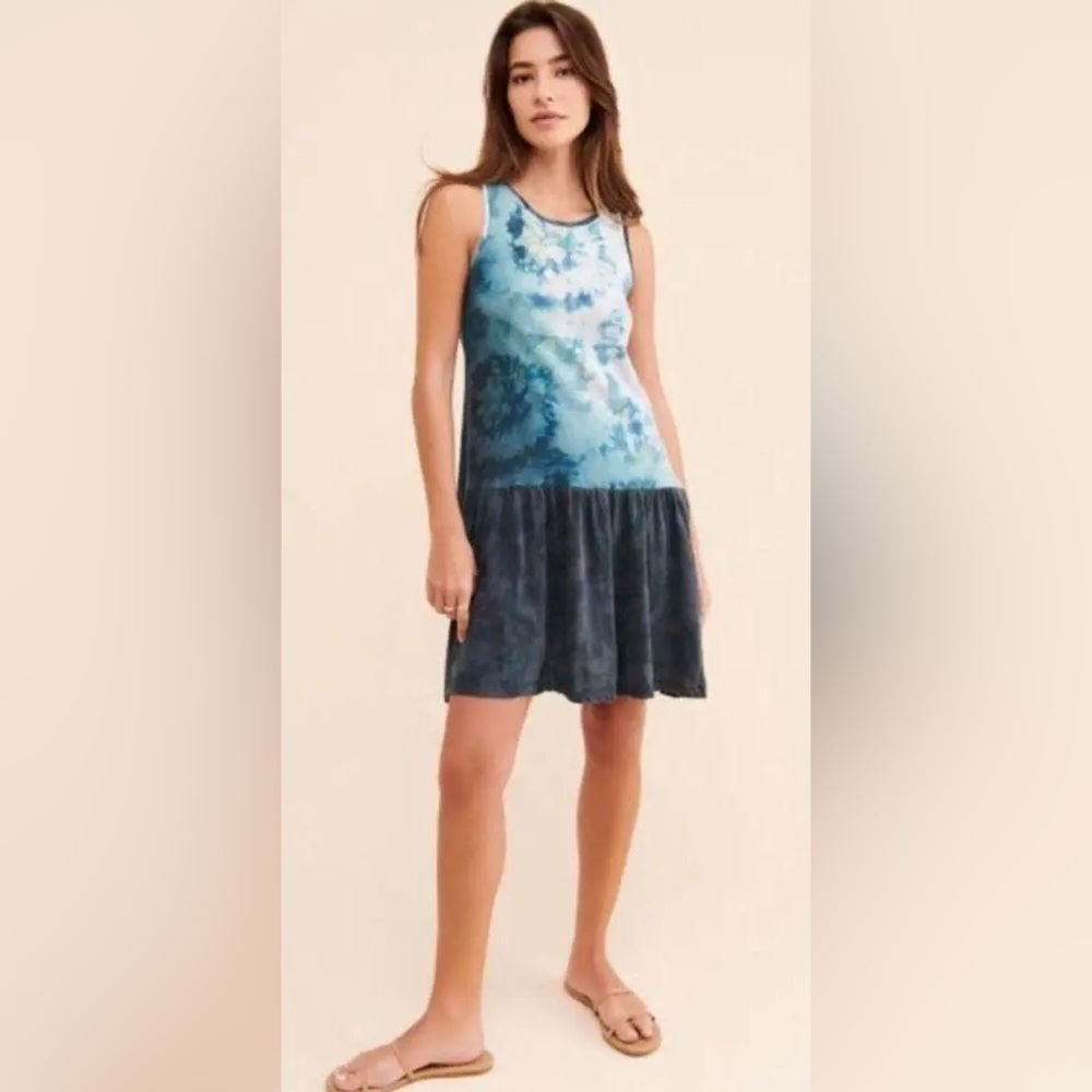 Anthropologie Saturday Sunday Maisie Tie Dye Spiral Flowy Blue Mini Dress Size M